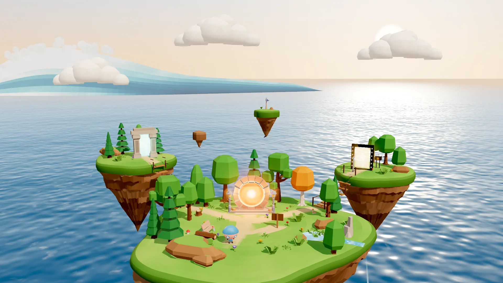 A floating island at dawn with three portals above the sea